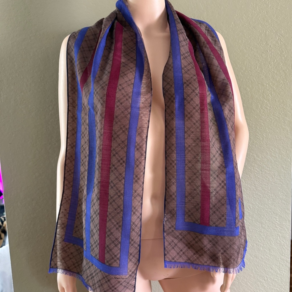 Albert Nipon Brown Plaid Scarf with Blue and Red Stripes